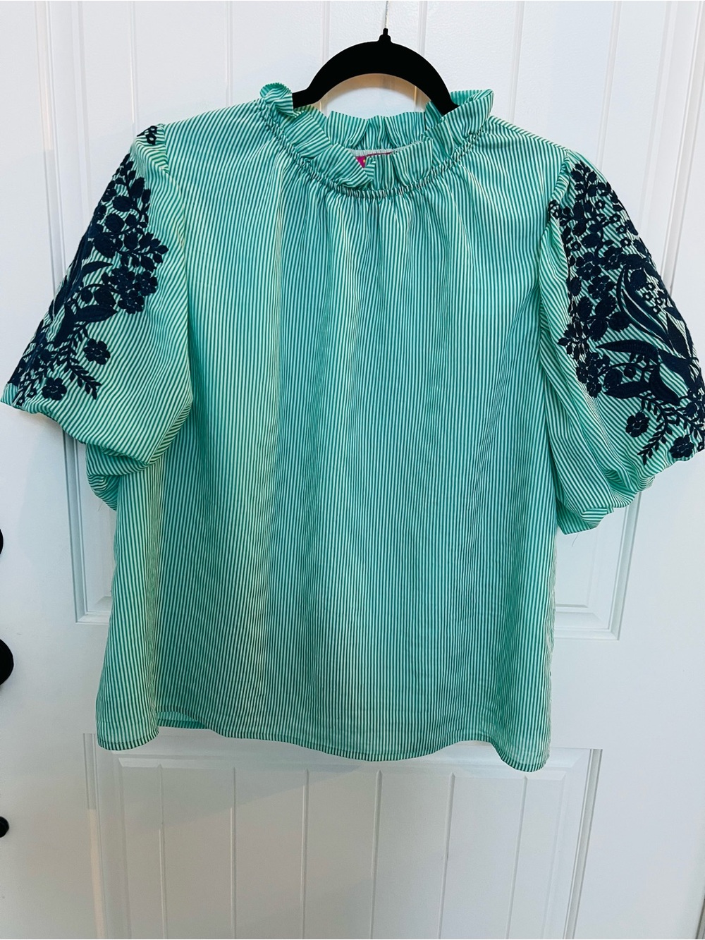 THML Aqua & White Striped Top with Navy Embroidered Puff Sleeves - Picture 2 of 9